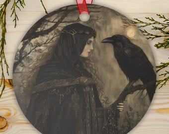 The Morrigan Celtic Goddess Ornament – Raven Metal Ornament, Pagan Yule Decor, Dark Goddess Art, Witchy Christmas Gift, Mythic Symbol