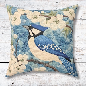Blue Jay FAUX Embroidered Pillow, Bird Lover Decor, Floral Cottagecore Spring Cushion, Blue and Ivory Nature Throw Pillow, Spring Decorating