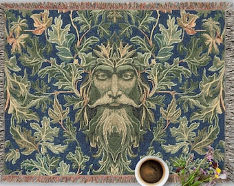 Green Man Woven Blanket – Celtic Forest God Throw, Oak Leaf Tapestry Blanket, Pagan Nature Decor, Mythic Folklore Gift, Woodland Home Decor