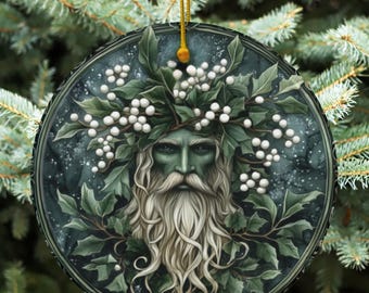 Pagan Yule Ornament with Mistletoe Greenman Figure, Pagan Yuletide Gift