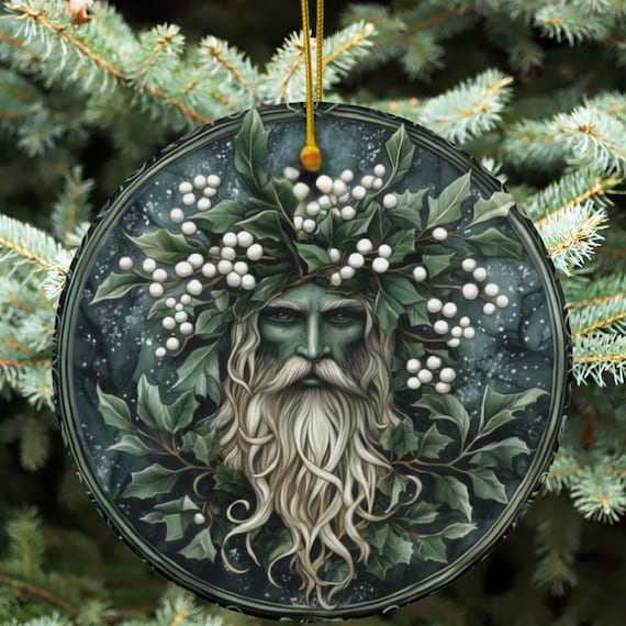 Pagan Yule Ornament with Mistletoe Greenman Figure, Pagan Yuletide Gift