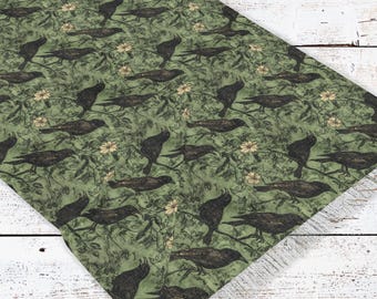 Crow Print Scarf, Dark Green Aesthetic Fashion Wrap, Green Gothic Raven Shawl, Lightweight Summerween Scarf, Cottagecore Gift, Witchy Style