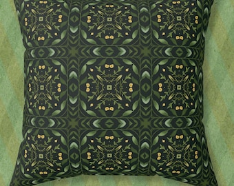 Botanical Throw Pillow, Dark Green Decorative Cushion, Nature-Inspired Home Decor, Dark Cottagecore Accent Pillow, Green Academia Aesthetic