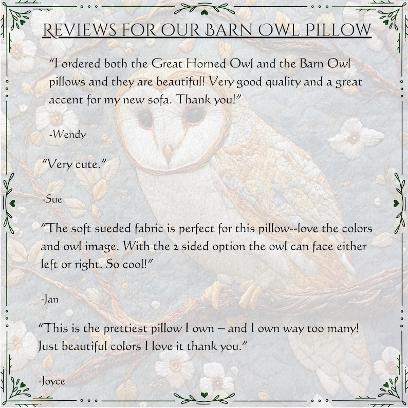 May include: A decorative pillow featuring a detailed illustration of a barn owl. The pillow has a soft, sueded fabric and is two-sided. The image includes customer reviews and the text "REVIEWS FOR OUR BARN OWL PILLOW".
