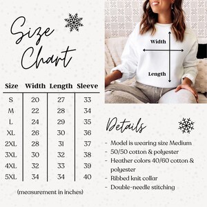 May include: White sweatshirt with a size chart and details. The size chart shows measurements in inches for width, length, and sleeve length. Details include the model's size, fabric composition, and construction.