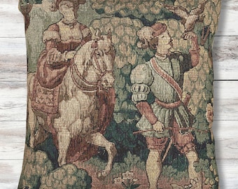 Medieval Aesthetic Hunting Scene Woven Pillow, Tapestry Cushion, Vintage Equestrian Decor, Old World Renaissance Style Throw Pillow for Home