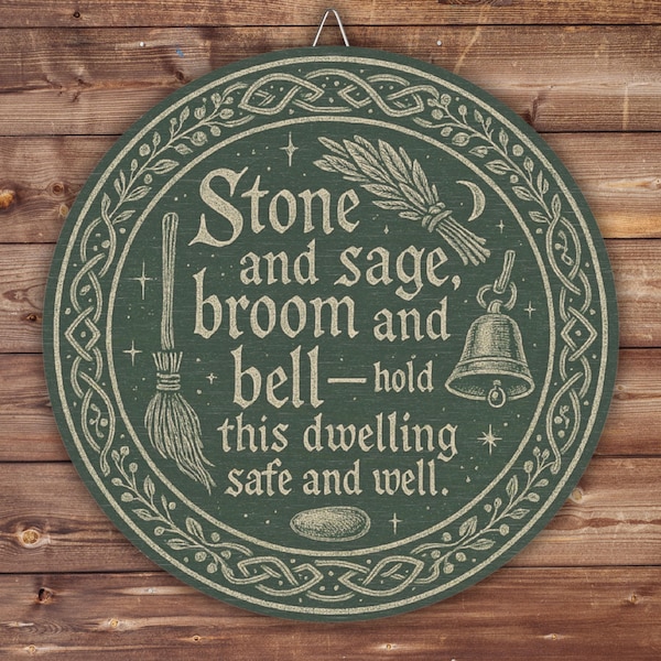 House Blessing Wooden Sign, Witchy Celtic Knot Round Plaque, Stone and Sage Broom and Bell, Pagan Protection, Front Door, Wiccan Altar Decor