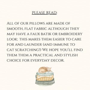 May include: Text on a cream-colored background reads "PLEASE READ:" followed by a description of pillows made of smooth, flat fabric with a faux batik or embroidery look. A watercolor illustration of a sleeping cat on a stack of pillows is at the bottom.