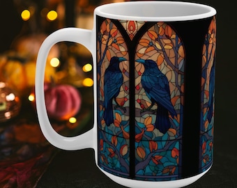 Stained Glass Style Raven Mug – Gothic Crow Art 15 oz Ceramic Coffee Cup for Dark Academia & Autumn Lovers
