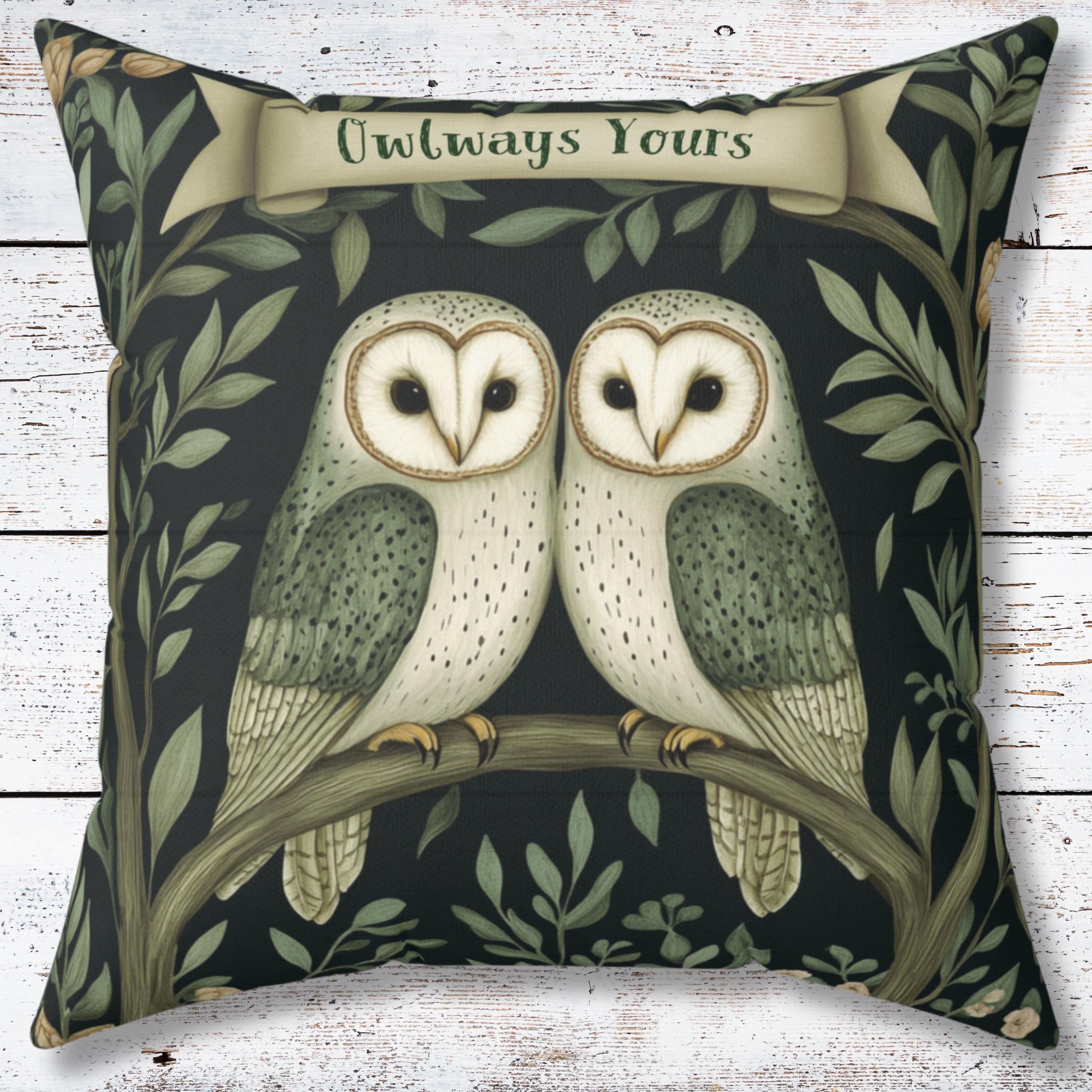 Whimsical Owl Throw Pillow, Unique Green Aesthetic Cushion, Woodland Decor, Witchy Gift for Her, Rom