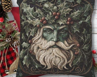 Holly King Woven Pillow, Winter Green Man Yule Decor, Pagan Christmas Cushion, Dark Forest Holiday Throw Pillow, Folklore Woodland Accent