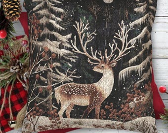 Winter Stag Woven Pillow | Woodland Aesthetic Deer Cushion | Enchanted Forest Tapestry Throw Pillow | Cozy Rustic Christmas Cabin Decor