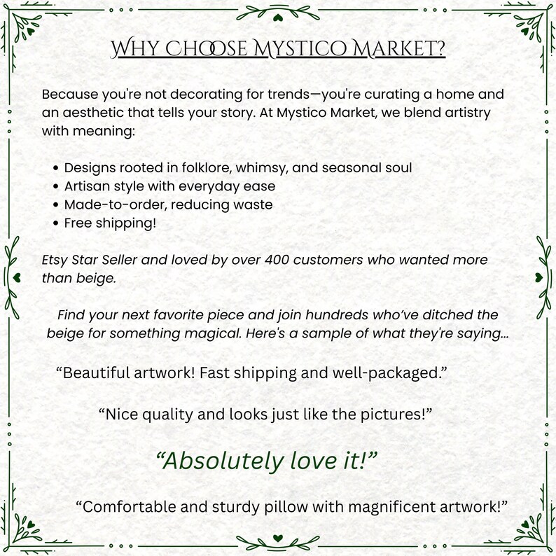 May include: A decorative beige-colored image with the text "WHY CHOOSE MYSTICO MARKET?" and customer testimonials. The image highlights the shop's focus on artistry, folklore-inspired designs, and made-to-order products.