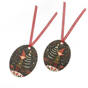 Nordic Christmas Elf Ornament • Folk Art Holiday Metal Ornament (Round or Oval) • Scandinavian Christmas Tree Decor • Woodland Decoration image 4