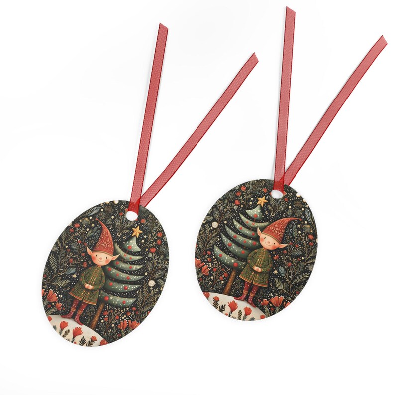 Nordic Christmas Elf Ornament • Folk Art Holiday Metal Ornament (Round or Oval) • Scandinavian Christmas Tree Decor • Woodland Decoration image 4
