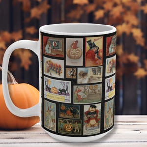 May include: White ceramic mug featuring a collage of vintage Halloween-themed postcards. The postcards depict various spooky scenes with pumpkins, black cats, witches, and children in costumes. The mug has a large handle and is set against a blurred background.
