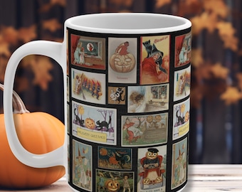Vintage Halloween Postcard Mug, Retro Halloween Coffee Cup, Black Cat Pumpkin Fall Decor, Witchy Patchwork Autumn Gift, Spooky Nostalgia Mug