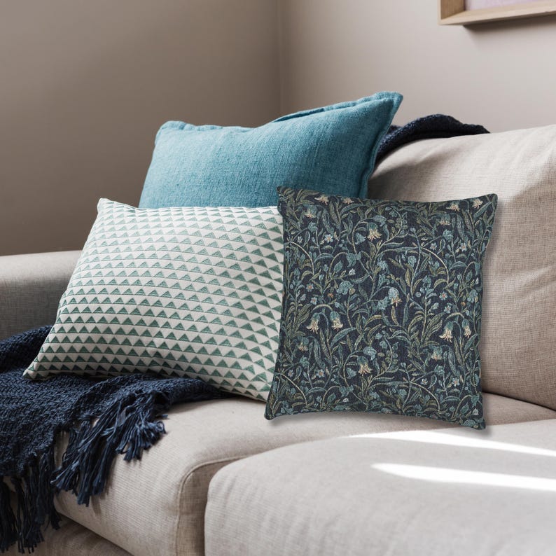Bluebell Woven Tapestry Pillow – William Morris Style Dark Botanical, Arts & Crafts Green Throw Cushion, Cottagecore Decor image 4