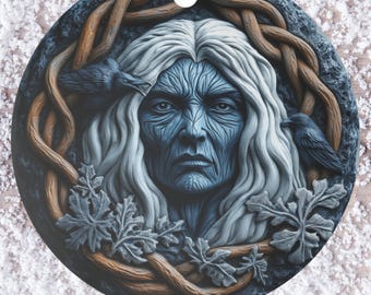 Winter Goddess Cailleach Yule Ornament, Celtic Mythology Decor, FAUX Stone Ornament, Wiccan Alter Decor
