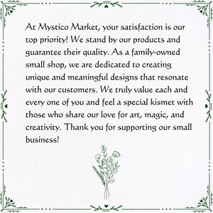 May include: A white background with a green decorative border and text. The text reads, "At Mystico Market, your satisfaction is our top priority!" and expresses gratitude for customer support.
