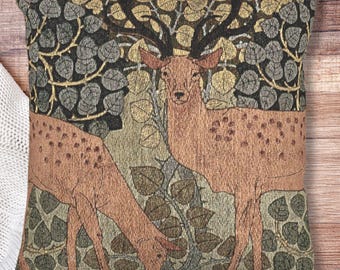 Stag and Doe Woven Pillow – Woodland Tapestry Cushion, Celtic Forest Decor, Nature-Inspired Rustic Throw Pillow, Folk Art Home Accent