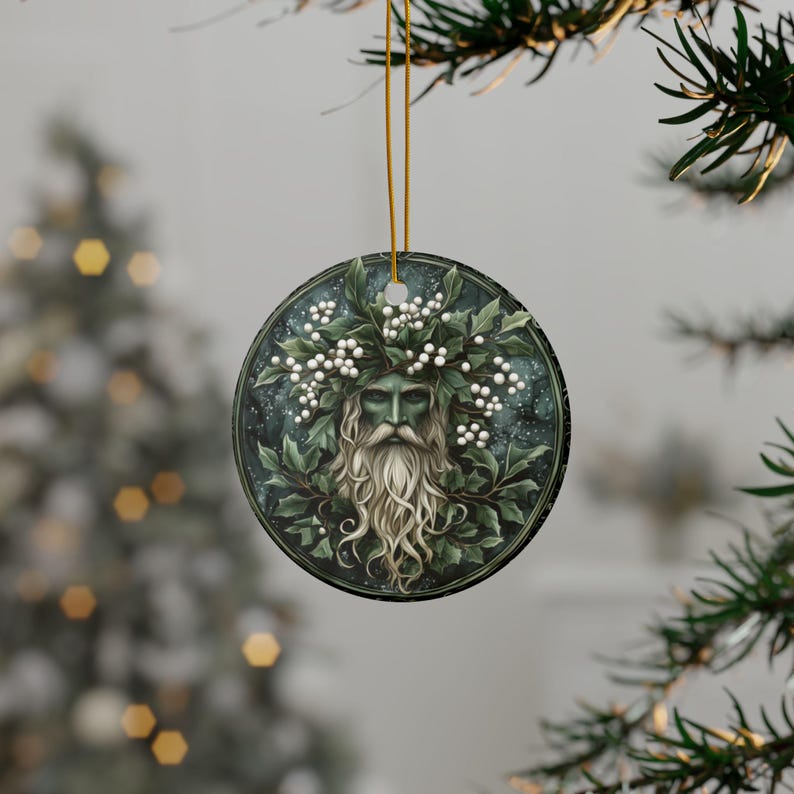 Pagan Yule Ornament with Mistletoe Greenman Figure, Pagan Yuletide Gift image 5
