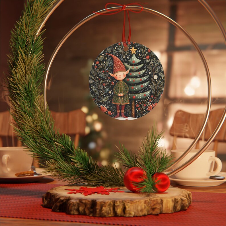 Nordic Christmas Elf Ornament • Folk Art Holiday Metal Ornament (Round or Oval) • Scandinavian Christmas Tree Decor • Woodland Decoration image 7