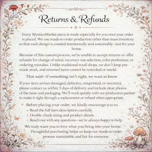 May include: A decorative, framed document with the text "Returns & Refunds" in a stylized font. The document outlines the shop's return policy, emphasizing made-to-order production and customer satisfaction. Floral and mushroom illustrations adorn the border.