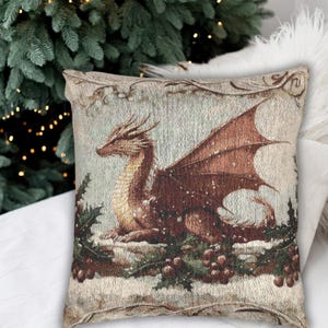 Christmas Dragon Woven Pillow | Fantasy Aesthetic Holiday Cushion | Medieval Tapestry Throw Pillow | Mythical Winter Cottagecore Decor