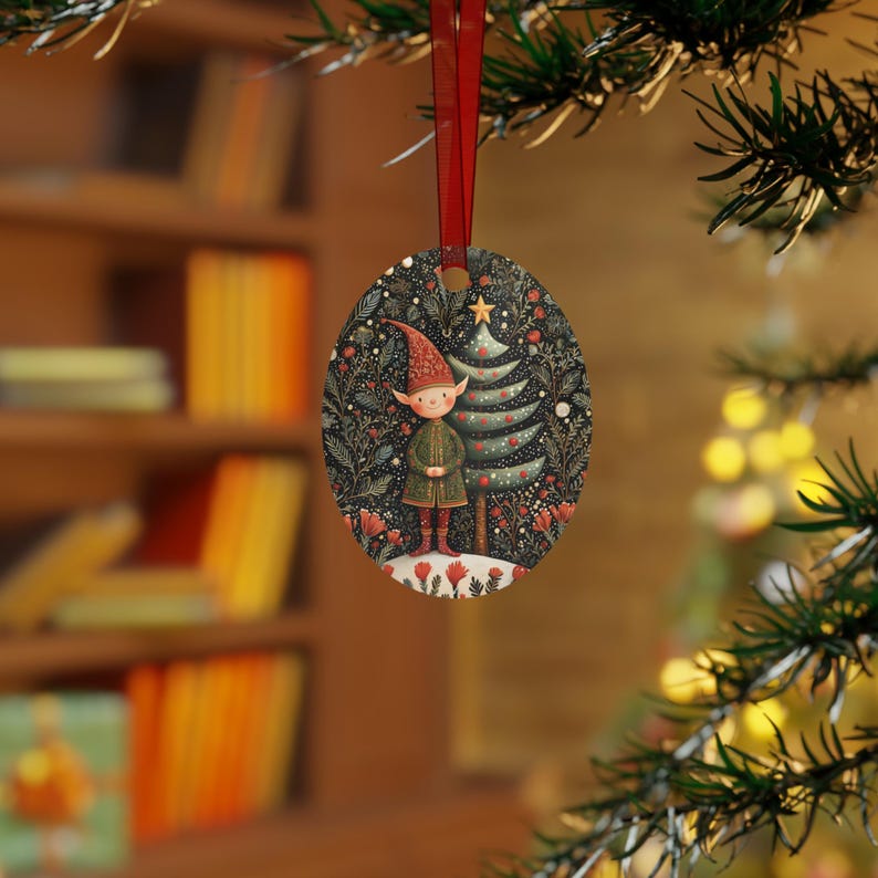 Nordic Christmas Elf Ornament • Folk Art Holiday Metal Ornament (Round or Oval) • Scandinavian Christmas Tree Decor • Woodland Decoration image 8
