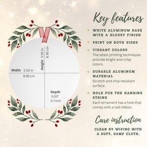 May include: A white, round aluminum ornament with a glossy finish, 3.50 inches wide and high, and 0.03 inches deep. The ornament has a red ribbon for hanging and features text about its key features and care instructions.
