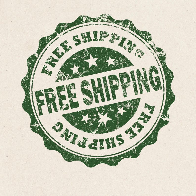 May include: A distressed green stamp with the words "FREE SHIPPING" in a circular design. The text is repeated around the edge and in the center, with star accents. The background is a light beige color.