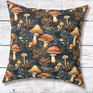 Mushroom Throw Pillow, Whimsical Dark Cottagecore, Mushroomcore Red Cap Toadstool Decor, Fairycore Autumn Cushion, Fall Fungi Decorating