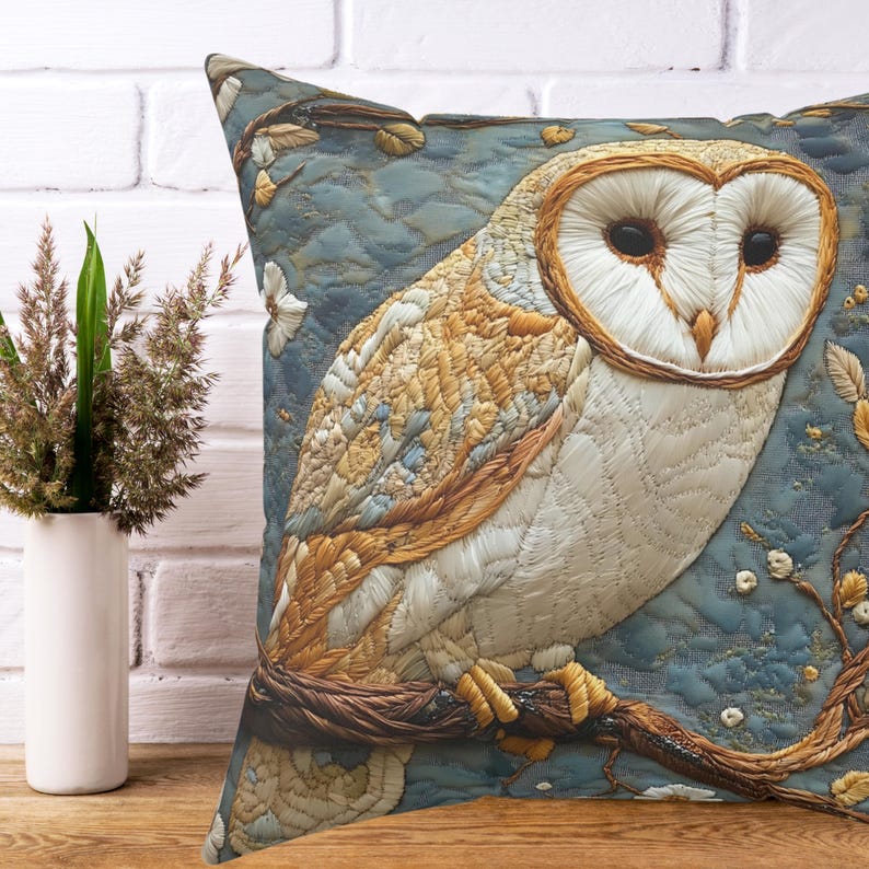 May include: Decorative square pillow featuring an embroidered owl perched on a branch. The owl has white and tan feathers, with a heart-shaped face and dark eyes. The background is a textured blue fabric with floral accents.
