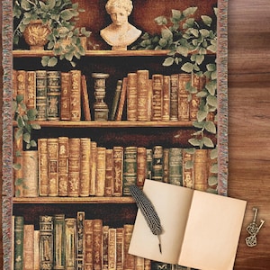 Book Lover Woven Blanket, Vintage Library Bookshelf Throw, Dark Academia Aesthetic Reading Nook Decor, Literary Gift for Writers & Readers