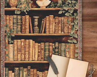 Book Lover Woven Blanket, Vintage Library Bookshelf Throw, Dark Academia Aesthetic Reading Nook Decor, Literary Gift for Writers & Readers