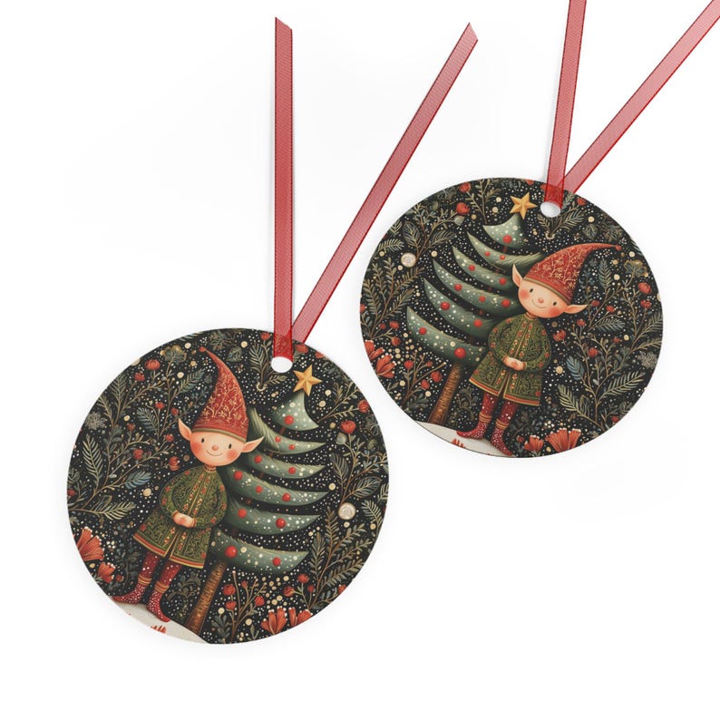 Nordic Christmas Elf Ornament • Folk Art Holiday Metal Ornament (Round or Oval) • Scandinavian Christmas Tree Decor • Woodland Decoration image 6