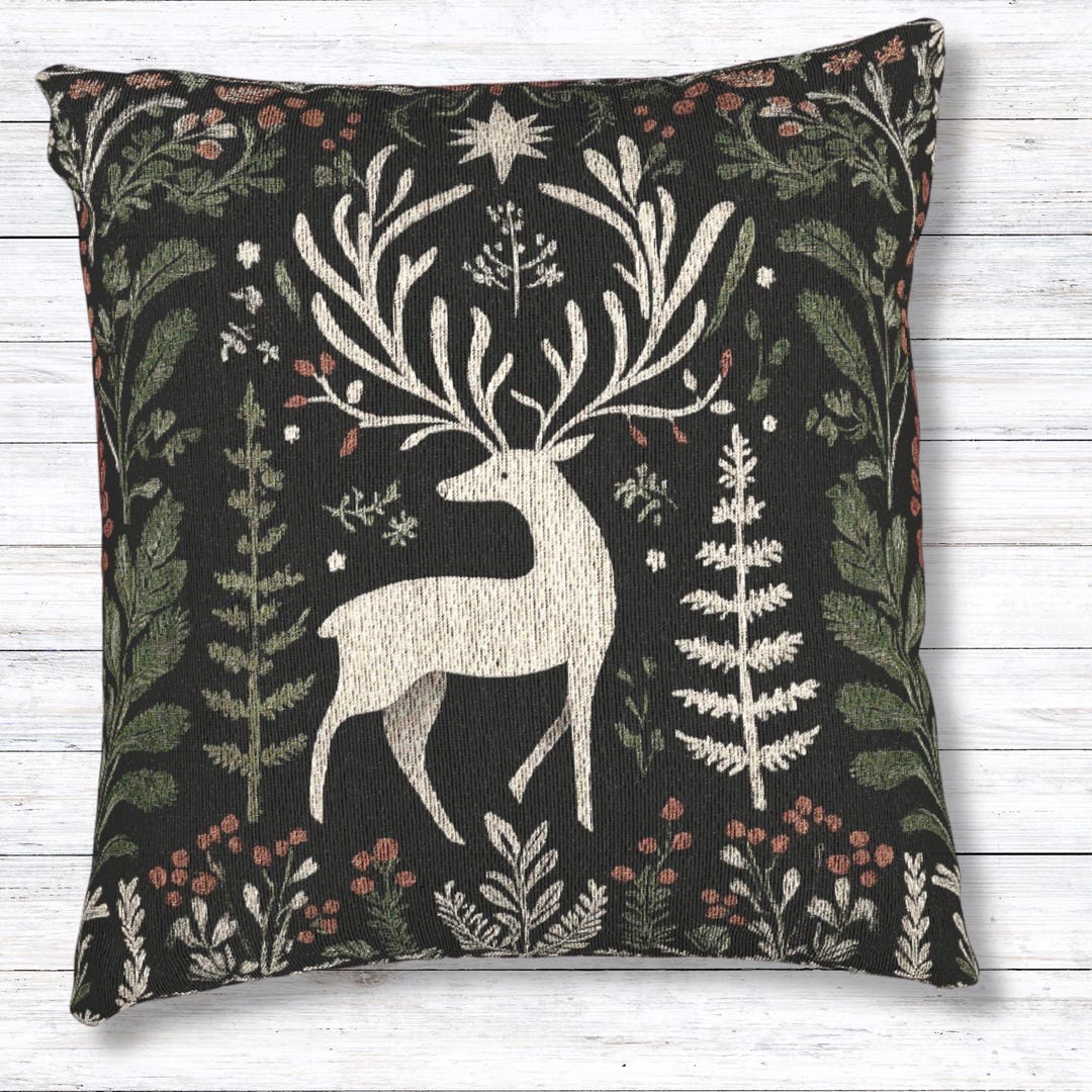 Solstice Stag Woven Pillow, Yule Decor, Nordic Folk Art Cushion, Winter ...