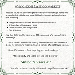 May include: A decorative beige-colored image with the text "WHY CHOOSE MYSTICO MARKET?" and bullet points describing the brand's values. Includes customer testimonials such as "Absolutely love it!"