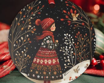 Nordic Winter Girl Ornament – Folk Art Christmas Metal Ornament, Snowy Woodland Holiday Decor, Scandinavian Yule Gift