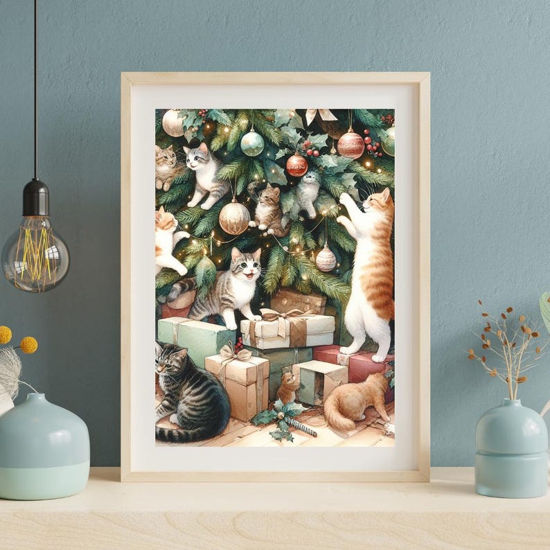 Vintage Water Color Cats in the Christmas Tree - Etsy