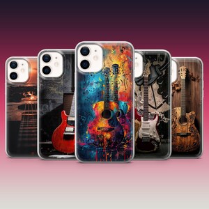 May include: Five different phone cases with various guitar designs. The cases are clear and show the designs through the plastic. The designs include a red electric guitar, a colorful acoustic guitar, a blue electric guitar, and a brown acoustic guitar.