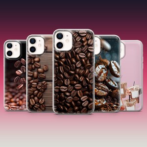 May include: Five different phone cases featuring a coffee bean design. The cases are all clear and showcase the design through the case. The designs include coffee beans, coffee grounds, and a coffee cup.