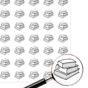 May include: A sheet of stickers featuring 36 black and white illustrations of stacked books. The sheet is titled "The Texas Stickerie Books".