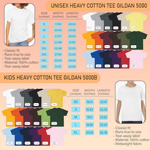 May include: A product image showcasing Gildan 5000 and 5000B unisex and kids heavy cotton tees in various colors. The image includes size charts with measurements in inches, and details about the classic fit, tear-away label, and 100% cotton material.