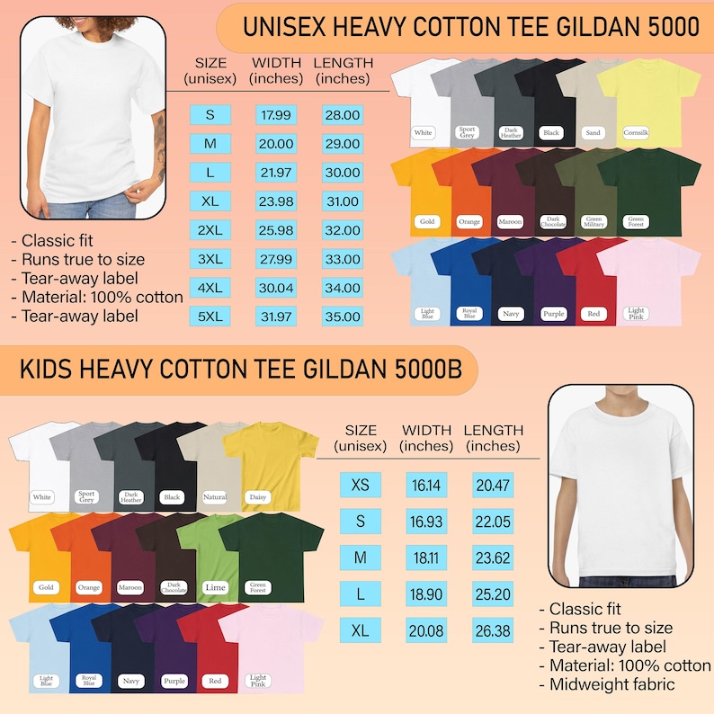 May include: A product image showcasing Gildan 5000 and 5000B unisex and kids heavy cotton tees in various colors. The image includes size charts with measurements in inches, and details about the classic fit, tear-away label, and 100% cotton material.