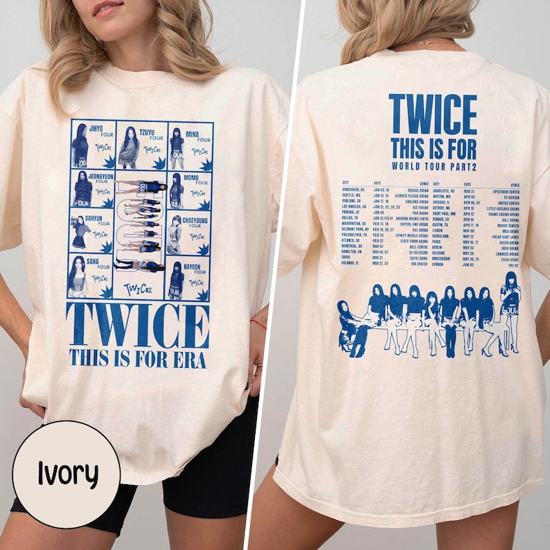 May include: Ivory-colored t-shirt featuring a blue graphic on the front with the text "TWICE THIS IS FOR ERA" and images of the band members. The back of the shirt displays "TWICE THIS IS FOR WORLD TOUR PART 2" with a list of tour dates and a band illustration.