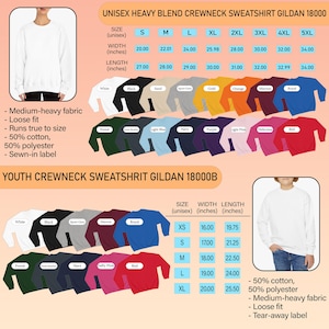 May include: A product display featuring Gildan crewneck sweatshirts in various colors, including white, black, and red. The image includes size charts for unisex and youth sizes, with measurements in inches. The sweatshirts are made of a medium-heavy fabric, a loose fit, and are 50% cotton and 50% polyester.