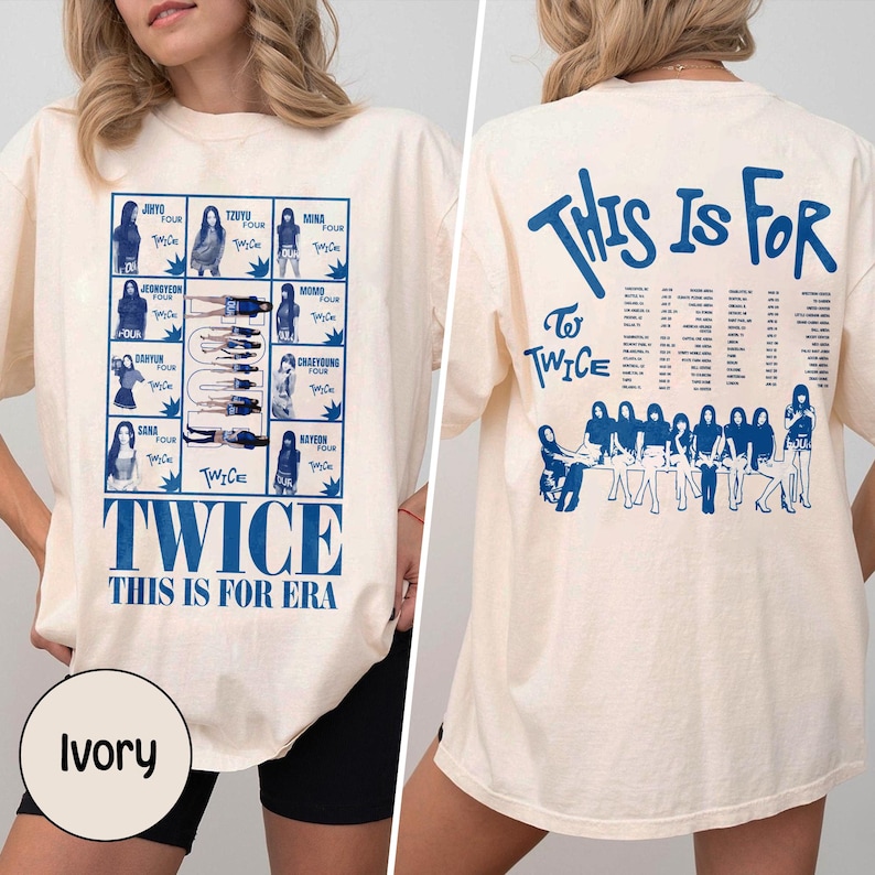 May include: Ivory-colored t-shirt with blue text and graphics. The front features a grid of images and the words "TWICE THIS IS FOR ERA." The back displays "THIS IS FOR TWICE" and a group illustration.