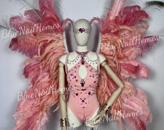 Disfraces de samba rosados personalizables hechos a mano con lujosas alas de ángel para carnaval, espectáculos y festividades